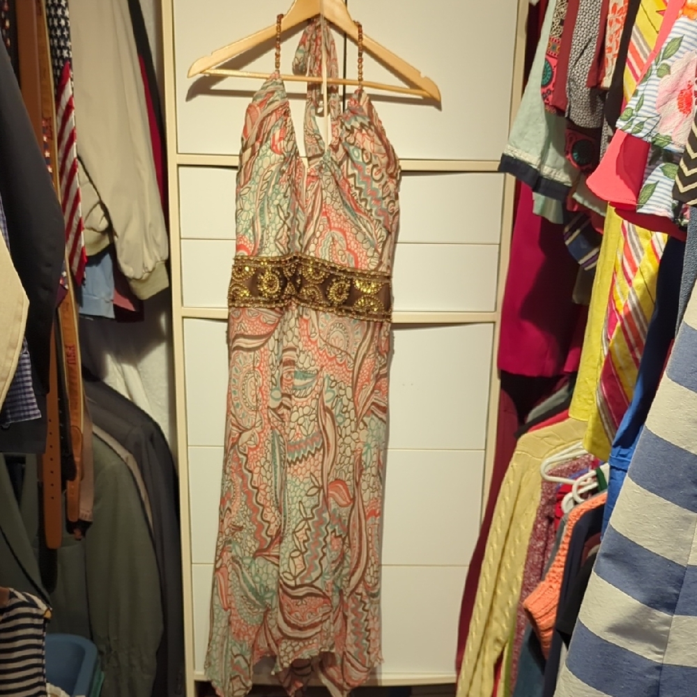 Phoebe Couture Pink and Brown High Low Halter Sundress